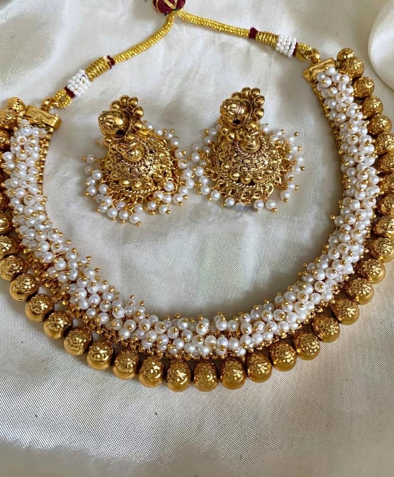 Antique Gold cluster pearls traditional Necklace
